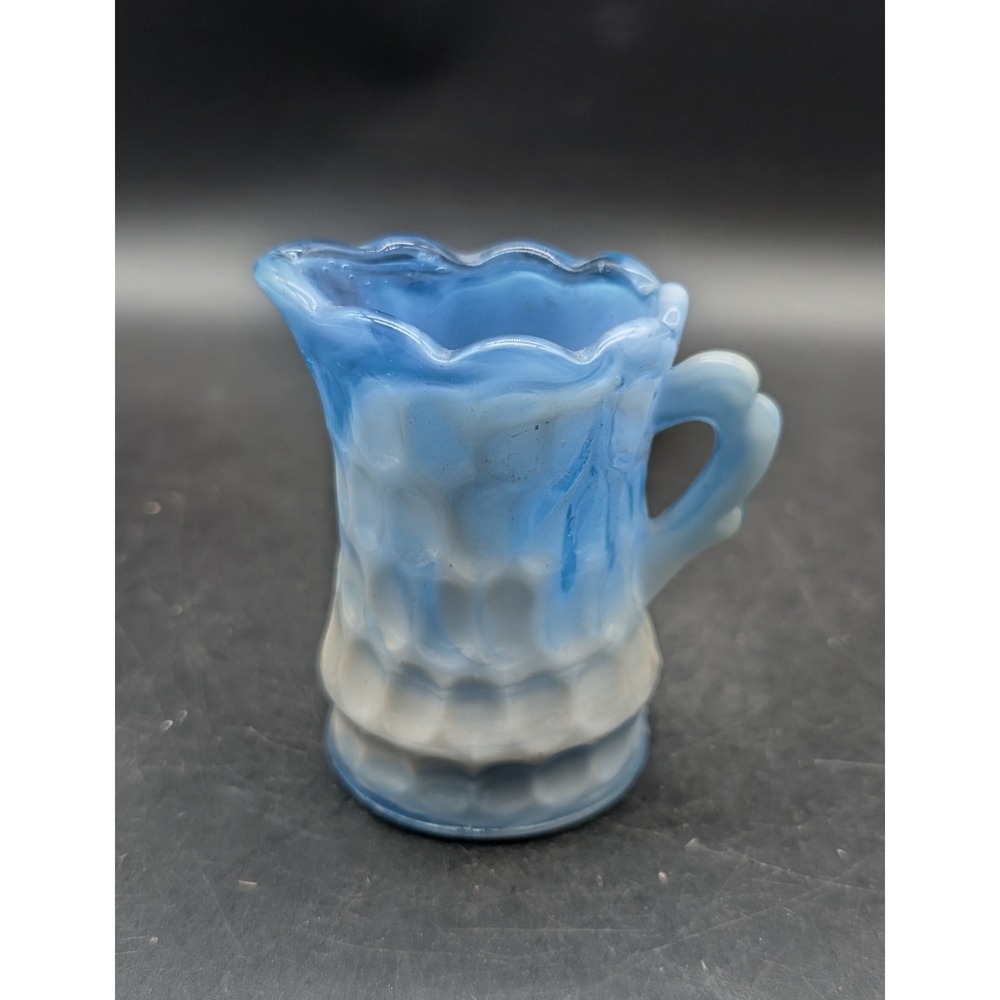 Kanawha Blue White Slag Glass Mini Pitcher Thumbprint Honeycomb Ruffled Rim